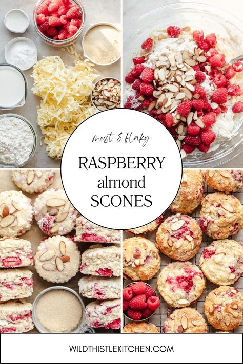 Raspberry Almond Scones are tender, buttery, flaky, moist and packed with juicy berries and crunchy almonds.  #raspberryalmondscones #sconesrecipe Raspberry Almond Scones, Sourdough Scones, Raspberry And White Chocolate Muffins, Almond Scones, Berry Scones, Raspberry Scones, Cranberry Scones, Raspberry Almond, Breakfast Bites