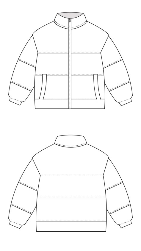 Puffer Jacket Technical Drawing, Puffer Jacket Mockup, Clothing Mockup Templates, Puffer Jacket Sketch, Puffer Jacket Drawing, Clothes Ideas Drawing, Puffer Jacket Pattern, Jacket Template, Streetwear Mockup