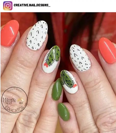 Cactus Nail Art, Cactus Nails, Round Shaped Nails, Sunset Nails, Bright Red Nails, Boho Nails, Classy Nail Designs, Art Design Ideas, Cute Nails For Fall