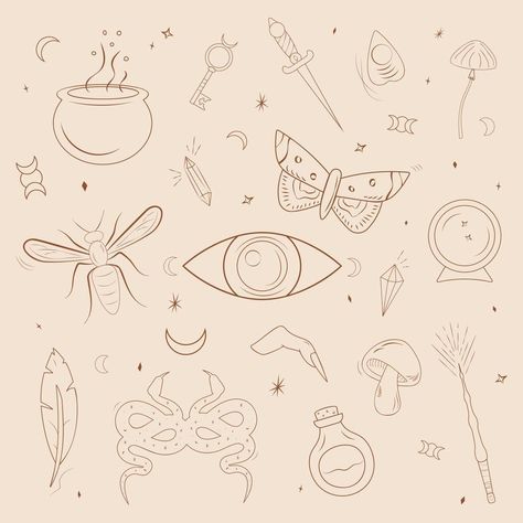 Mystic vector items, dagger, eye, wasp, snakes, moon, mushrooms. Doodle esoteric, boho mystical hand drawn elements. Magic and witchcraft, witch esoteric alchemy. Icons set. Vector magic set. Mushrooms Doodle, Elements Magic, Hand Drawn Elements, Icon Set Vector, Wasp, Snakes, Alchemy, Icon Set, Vector Art