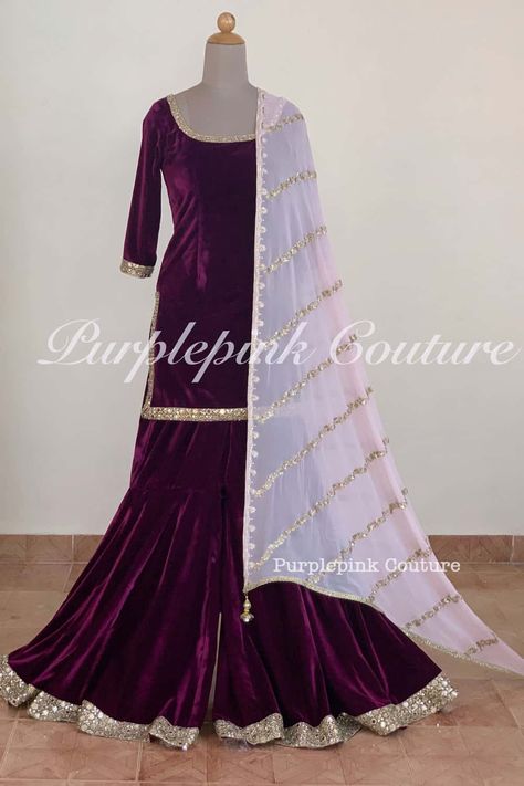 Velvet Sharara Designs For Wedding, Velvet Garara Suit Design, Velvet Sharara Suit Design, Plazo Suits Latest Party Wear, Velvet Suit Ideas, Velvet Garara, Velvet Gharara, Velvet Sharara Suit, Velvet Designer Dresses