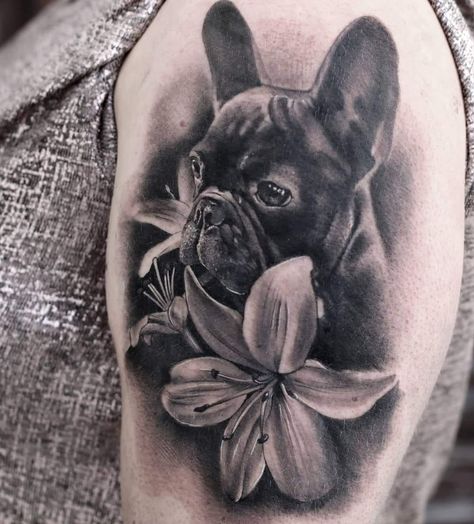 Realistic French Bulldog Tattoo, French Bulldog Tattoo Design, French Bulldog Memorial Tattoo, Frenchie Tattoos, Dog Tags Tattoo, Memorial Tattoo Designs, French Bulldog Tattoo, Side Thigh Tattoos, Shadow Tattoo