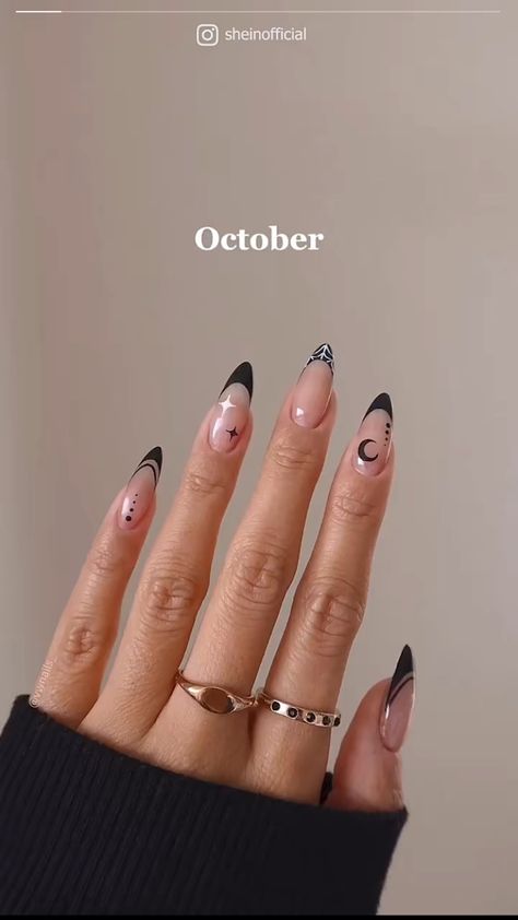 Almond French Tip Nails Halloween, Witch Nails French Tip, Black French Tip Spider Web Nails, Black French Tips Halloween, Black Nails October, Black French Tip With Spider Web, Black Line Work Nails, Halloween French Tips Nails, Neutral Spooky Nails