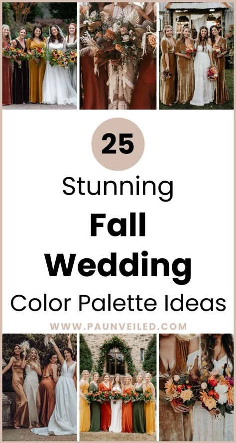 Check out this blog post to see 25+ fall wedding color palette ideas that will bring warmth and elegance to your autumn celebration!  From rich, earthy tones to vibrant, seasonal shades, discover color schemes and combinations perfect for your big day.  These fall wedding colors can be used across every aspect of your celebration, including bridesmaid dresses, bridal and bridesmaid bouquets, flowers, ceremony decor, and reception decorations.  Find inspiration for centerpieces, invitation suites, cakes, and more to create a cohesive and stunning look.  Check out the blog post to see more fall wedding color schemes. Airy Fall Wedding, New England Fall Wedding Colors, 2025 Wedding Color Palette, Autumn Bridesmaid Dresses Color Palettes, Early October Wedding Colors, Brown Tone Wedding, Fall Wedding Schemes, Wedding Party Colors Fall, September Wedding Colors Schemes 2025