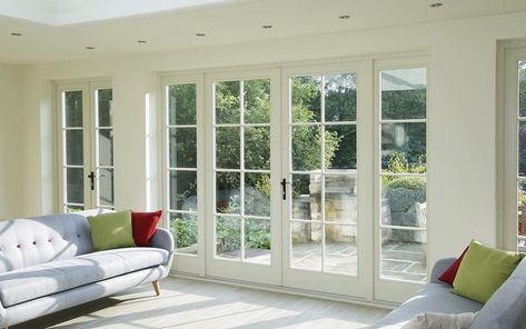 Doors | Harborne Sash Windows Beautiful Patio Doors, White French Doors Patio Exterior, Doors To Deck From Living Room, White Exterior French Doors, Family Room French Doors, Glass Door To Garden, French Doors To Screened Porch, Modern French Doors Patio, Bay Window Doors