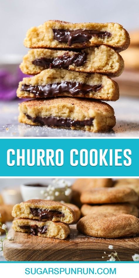 Churro cookies combine sweet vanilla cookie dough, cinnamon sugar, and molten chocolate filling. They taste just like a churro dipped in chocolate sauce! Recipe includes a how-to video! Cinnamon Sugar Churro Cookies, Churro Desserts, Vanilla Cookie Dough, Work Desserts, Churro Cookies, Churro Dessert, Chocolate Sauce Recipe, Sugar Spun Run, Cookies Sugar