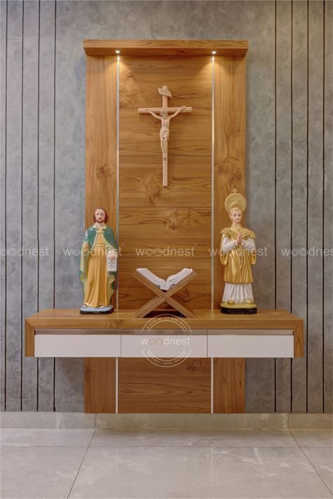 Welcome to Woodnest Interiors || A Nest of Unique Design and Ideas Prayer Unit Design Christian, Prayer Alter Ideas Home Altar, Altar Design Home Modern, Alter Design For Home Catholic, Altar Design Home, Wall Altar Ideas Catholic, Catholic Home Altar Ideas Living Rooms, Christian Room Decor, Home Altar Catholic