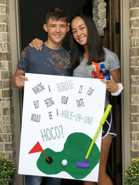 HOCO proposal. Golf themed. Homecoming dance. #hoco #homecoming Golf Themed Hoco Proposals, Gold Hoco Proposals, Prom Asking Ideas Golf, Golf Dance Proposal Ideas, Golf Theme Hoco Proposal, Hoco Proposals Ideas For Him Golf, Hoco Golf Proposals, Sadie Hawkins Proposals Golf, Prom Posals Ideas Golf