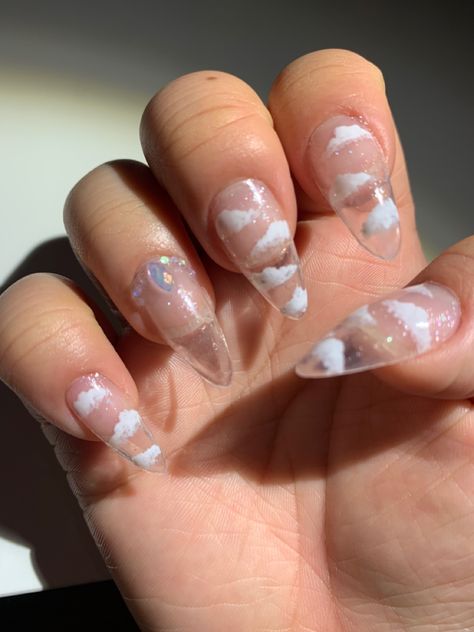 Almond Nails Clouds, Clear Nail Base Designs, Clear Cloud Nails, Square Acrylic Nails Clear, Nail Clear Design, Nail Designs Transparent, Clear Nail Extensions, Transparent Nails Acrylics, Nails Transparent Design