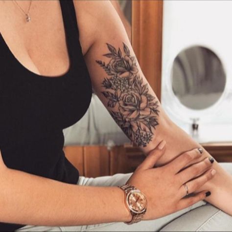 Arm Tattoos For Women Upper, Bicep Tattoo Women, Arm Cover Up Tattoos, Inside Of Arm Tattoo, Inner Arm Tattoos, Half Sleeve Tattoos, Inner Bicep Tattoo, Inner Arm Tattoo, Nature Tattoo