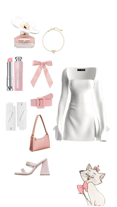 #marie #halloween #costume #inspo #looks #cat #clothes #pink #white Marie Inspired Outfit, Diy Marie Aristocats Costume, Marie Halloween Costume, White Cat Costume Women, Marie Cat Costume, Costumes With White Dress, White Dress Halloween Costume Ideas, White Skirt Halloween Costume, White Cat Halloween Costume