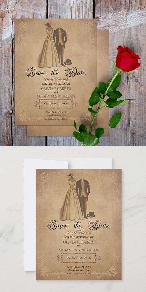 Vintage Rustic Old Parchment Victorian Wedding Save The Date Antique vintage design in victorian style featuring elegant typography and wedding dress and suit on rustic background with a textured aged parchment paper appearance. The text can easily be personalized for a unique one of a kind design for your special day. Parchment Wedding Invitations, Victorian Invitation Design, Old Wedding Invitations, Vintage Victorian Wedding Decorations, Wedding Dress And Suit, Vampire Lore, Victorian Wedding Invitations, Old Parchment, Rustic Background