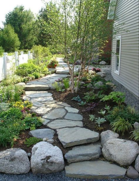 Backyard With Pathways, Walkway Through Flower Bed, Traditional Farmhouse Landscaping, Rocks Along House, Landscape Along House, Country Backyard Landscaping, Stone Pathways Ideas Walkways, Buckingham House, Lawn Ideas