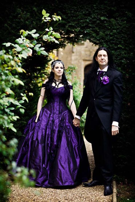 Purple wedding dress again. THinking of silver embridery and crystals rather then the black embridery. Hmm Gothic Purple Wedding Dress, Purple Wedding Gowns, Black And Purple Wedding, Purple Wedding Gown, Wedding Gown Ideas, Deep Purple Wedding, Goth Wedding Dresses, Gothic Wedding Theme, Jordan Wedding