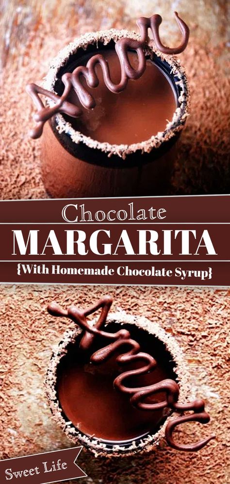 A quick warning: this Chocolate Margarita is no chocolate shake, no watered down chocolate concoction. What makes this margarita really shine is the homemade chocolate syrup. Delicioso! #chocolate #margarita #Mexican #drink #chocolatesyrup | SweetLifeBake.com @SweetLifeBake Easy Chocolate Bars, Chocolate Margarita, Chocolate Tequila, Homemade Chocolate Syrup, Adult Beverages Recipes, Coconut Drink, Kid Friendly Drinks, Easy Drink Recipes, Chocolate Shake