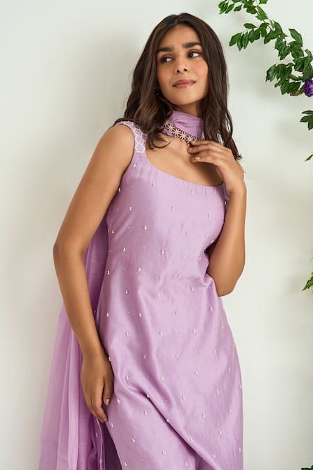 Buy Purple Silk Chanderi Embroidery Pearl Round Kurta Sharara Set For Women by Keosha Online at Aza Fashions. Onam Outfits, Stylish Kurtis Design, Kurta Sharara Set, Kurta Sharara, Lehenga Designs Simple, Churidar Designs, Anarkali Dress Pattern, Simple Kurta Designs, Simple Kurti Designs