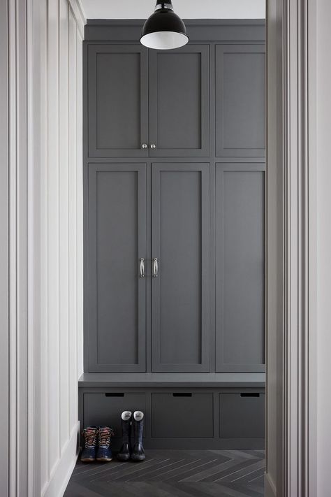 Dark Gray Cabinets, Grey Storage Bench, Mudroom Cabinets, Mudroom Flooring, Armoire Entree, Mud Room Entry, Mudroom Lockers, Mudroom Organization, Mudroom Decor