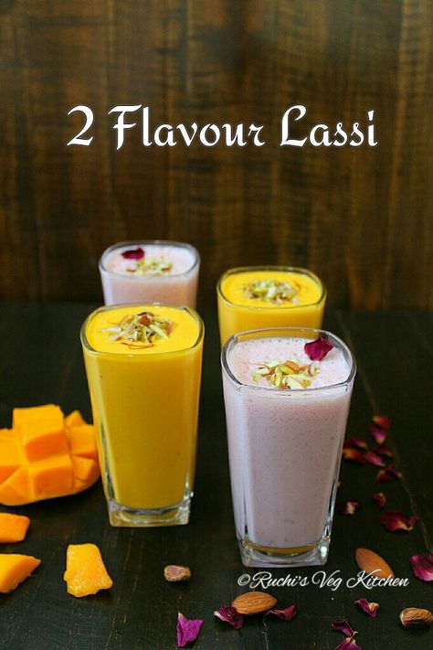 2 FLAVOUR LASSI – MANGO LASSI And ROSE LASSI – Ruchi's Veg Kitchen Rose Lassi, Naan Wraps, Strawberry Lassi, Indian Food Restaurant, Vegetarian Platter, Authentic Indian Food, Fruit Sugar, Lassi Recipes, Pineapple Mint