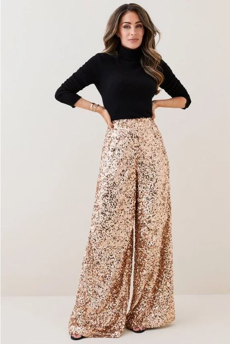 Sequin Trousers Outfits, Trousers Outfit Casual, Holiday Party Outfit Work, Wide Leg Trousers Outfit, Lydia Millen, Evening Trousers, Aesthetic Rose, Legs Outfit, Cruise Fashion