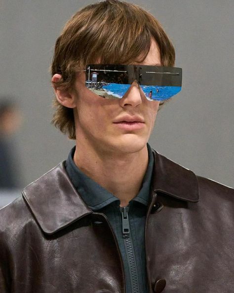 Prada S/S 2025 Sunglasses Prada Menswear, Faux Fur Fashion, Prada Spring, Spring 2025, Menswear Fashion Show, Film Strip, Miuccia Prada, Menswear Fashion, Palau