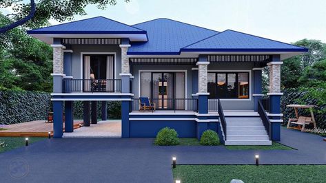 Blue Roof House Colors, Assam Type House, House Front Design Indian, House Colors Exterior Paint, Blue Roof House, Flood Proof House, Elevated House, House Colors Exterior, Building Design Plan