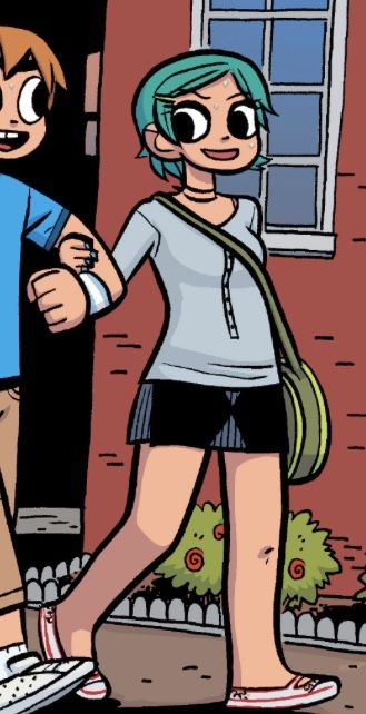 gray shirt, black skirt, green bag, teal hair Ramona Flowers Outfits Comic, Teal Shirt Outfit, Ramona Scott Pilgrim, Pilgrim Art, Brian Lee, Bryan Lee O Malley, Scott Pilgrim Comic, Bryan Lee, Teal Shirt