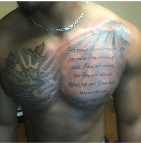 Psalms 23:4 chest tattoo w/rays Bible Verse On Chest Tattoo, Chest Verse Tattoo, Psalms 23:4 Tattoos Chest, Scripture Chest Tattoo, Scripture Chest Tattoos For Men, Word Chest Tattoo Men, Bible Chest Tattoo Men, Chest Tattoo Men Ideas Bible Verse, Chest Tattoo Men Ideas Christian