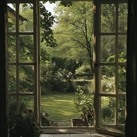 Window to the garden - Midjourney AI Garden Outside Window, Garden With A View, Window Forest View, Make Windows Look Larger, Garden View From Window, Open Window Aesthetic, Window View Nature, Window Reference, Pretty Windows