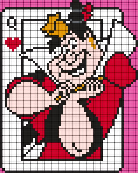 Queen Of Hearts Playing Card From Alice In Wonderland Perler Bead Pattern / Bead Sprite Queen Of Hearts Cross Stitch, Alice In Wonderland Cross Stitch, Pixel Art Minecraft, Hearts Playing Cards, Disney Cross Stitch Patterns, 8bit Art, Pony Bead Patterns, Disney Cross Stitch, Beaded Cross Stitch