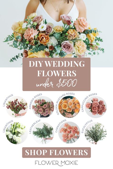 DIY wedding flowers under $500.  Image shows bride holding dusty rose, yellow and white flowers with lovely greens.  Images of individual flower types are shows as well.  shop flowers at Flower Moxie. How To Diy Flowers For Wedding, Wedding Flowers Price Guide, Wedding Flower Cost Chart, Silk Vs Real Flowers For Wedding, Budget Friendly Flowers For Wedding, Wedding Floral Hacks, Wedding Flower Hacks, Diy Floral Arrangement Ideas Wedding, Diy Costco Wedding Flowers