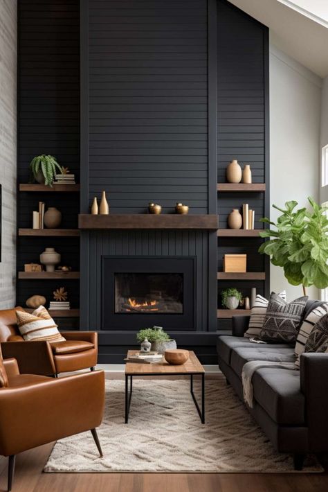 40  Black Shiplap Fireplace Ideas That Blend Warmth and Style Asymmetrical Fireplace Wall Built Ins, Slate Gray Fireplace, Fireplace Focal Wall Ideas, Shiplap Fireplace With Wood Mantle And Tv, Modern Rustic Living Room Fireplace, Fireplace On Angled Wall Living Rooms, Mid Century Fireplace Wall, Moody Basement Fireplace, Living Room Gas Fireplace Ideas