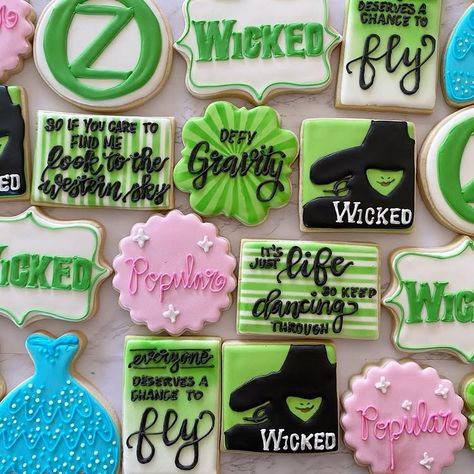 Sophie Harriman | Listed to Defying Gravity on repeat while decorating these cookies 😂 Which Wicked cookie is your fav?! • • • #occookies #ocdesserts... | Instagram Wicked Sugar Cookies, Wicked Cookies Decorated, Wicked Movie Night Ideas, Twilight Cookies, Wicked Snacks, Wicked Birthday Party Ideas, Wicked Cookies, Wicked Desserts, Wicked Cupcakes