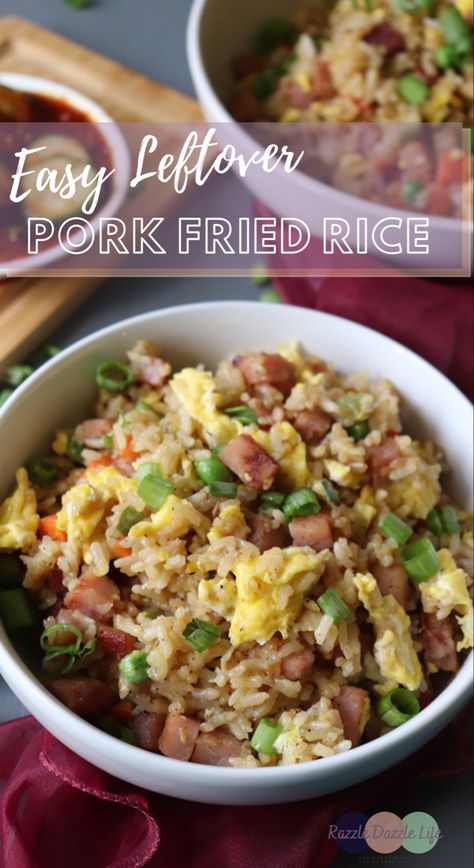 Easy leftover pork fried rice is made with pre-cooked rice, and leftover pork. It is quick, delicious, and tastes way better than takeout! | Razzle Dazzle Life @razzledazzlelife #friedricerecipe #pork #asianfood #chinesefoodrecipes #rice #easydinner #leftovers Pork Loin Fried Rice, Pork Tenderloin Recipes Leftover, Chinese Pork Fried Rice Recipe Authentic, Leftover Pork And Rice Recipes, Pork Chops Leftovers Ideas, Leftover Boneless Pork Ribs, Pork Chop Fried Rice, Leftover Pork Chop Recipes Stir Fry, Recipes With Leftover Pork Chops