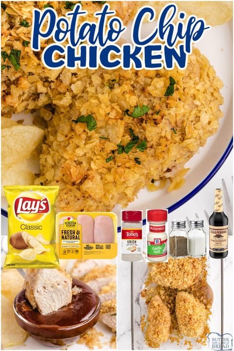 Potato Chip Fried Chicken, Lays Potato Chips Recipes, Potato Chip Chicken Casserole, Potato Chip Chicken Tenders, Crushed Potato Chip Recipes, Chicken Breast Potato Recipes, Bbq Chip Chicken, Potato Chip Crusted Chicken, Baked Breaded Chicken Breast