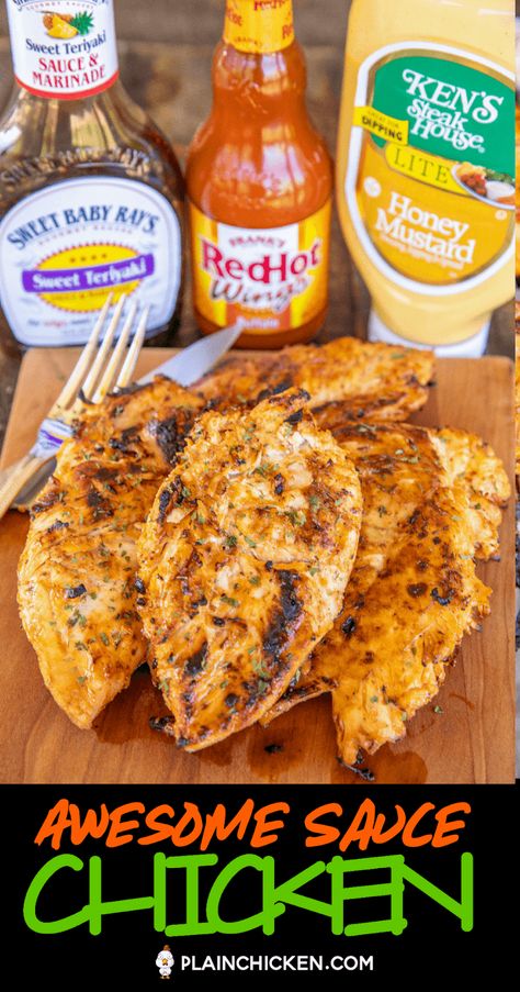 Awesome Sauce Chicken - seriously delicious!!! Only 3 ingredients! Chicken marinated in honey mustard, teriyaki sauce, and hot sauce. It tastes AWESOME! Leftovers are great chopped up on top of a salad or in a sandwich wrap. This easy chicken recipe is on repeat in our house! #grilling #grilledchicken #chicken #marinade #BBQ #hotsauce Sandwich Wrap, Sauce Chicken, Diner Recept, Plain Chicken, Awesome Sauce, Think Food, Teriyaki Sauce, Marinated Chicken, Quesadillas