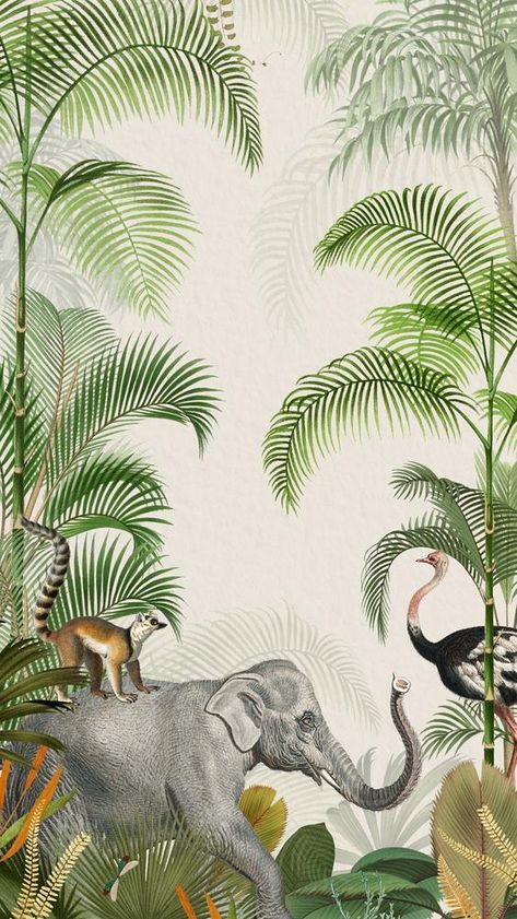 Safari Wallpaper Aesthetic, Jungle Safari Wallpaper, Animal Backgrounds Aesthetic, Jungle Theme Illustration, Vintage Jungle Aesthetic, Wild One Background, Jungle Theme Background, Iphone Wallpaper Elephant, Elephant Iphone Wallpaper