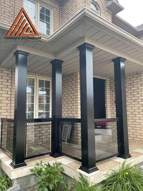 Porch Columns Makeover, Front Porch Pillars, Porch Beams, Front Porch Posts, Aluminum Railings, Porch Railing Designs, House Columns, Modern Front Porches, House Front Wall Design