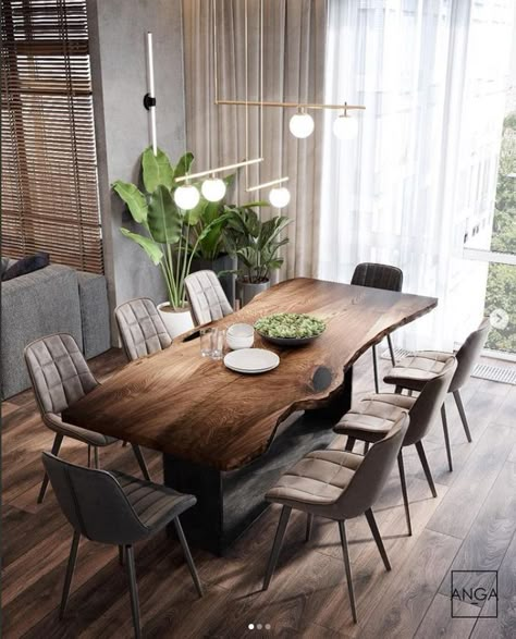 Industrial Wood Dining Table, Epoxy Countertops, Modern Apartment Living Room, Open Plan Kitchen Living Room, Dinning Room Design, Dinner Room, Dining Room Ideas, Rustic Dining Room, Kitchen Design Decor