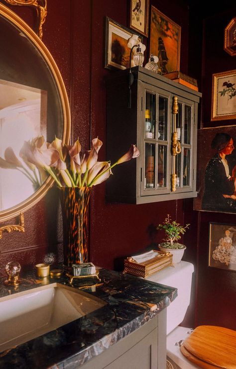 Master Bathroom Refresh — Arianna Danielson Blue Gothic Bathroom, Masculine Maximalist Decor, Dark Maximalism Bathroom, Arianna Danielson, Jewel Tone Bathroom, Maroon Bathroom, Burgundy Bathroom, Bedroom And Closet, Dark Basement