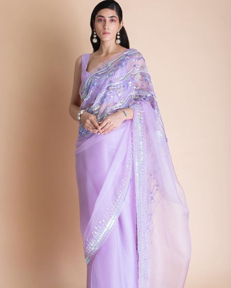 @aashniandco posted on their Instagram profile: �“@sakshamneharicka gives a modern spin to saris with candy colours. Shop on aashniandco.com // Email…” Lavender Organza Saree, Saree Purple, Brown Stuff, Lilac Eye, Stylish Saree, Lilac Fabric, Sari Dress, Indian Fashion Saree, Saree Design