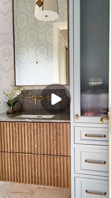 A Well Dressed Home | Interior Design Firm on Instagram: "Every detail matters when crafting a space that feels truly special ✨ This guest bathroom combines beautiful built-ins, a warm reeded wood floating vanity, a bold wallpaper choice, and a playful patterned tile for that perfect extra touch. Thoughtful design selections come together to create a space that’s as functional as it is stylish, showing that even the smallest rooms deserve a big statement." Vanity Refurbished Diy, A Well Dressed Home, Reeded Wood, Diy Bathroom Vanity Makeover, Patterned Tile, Vanity Makeover, Bathroom Vanity Makeover, Diy Bathroom Vanity, Bold Wallpaper