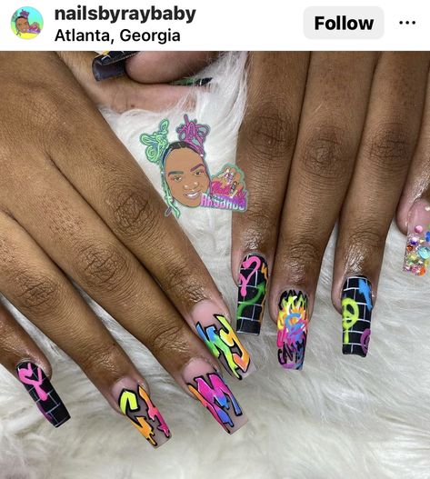 Cartoon Nail Designs, Graffiti Nails, Accepting New Clients, Funky Nail Art, Dope Nail Designs, School Nails, Acrylic Nails Coffin Pink, Acrylic Nails Coffin Short, New Clients