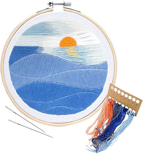 Sunset Embroidery, Stamped Embroidery Kit, Landscape Embroidery, Cloth Embroidery, Long Stitch, Embroidery Hoop Crafts, Pretty Embroidery, Needlework Crafts, Hoop Embroidery