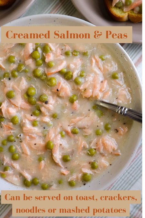 Salmon and peas is a great way to make salmon a more affordable family dinner. It's great on toast, crackers, noodles or mashed potatoes. Creamed Canned Peas, Creamed Salmon And Peas, Salmon Pea Wiggle Easy Recipes, Salmon Pea Wiggle, Creamed Salmon On Toast, Creamed Salmon, Salmon And Noodles, Salmon On Toast, Salmon And Peas