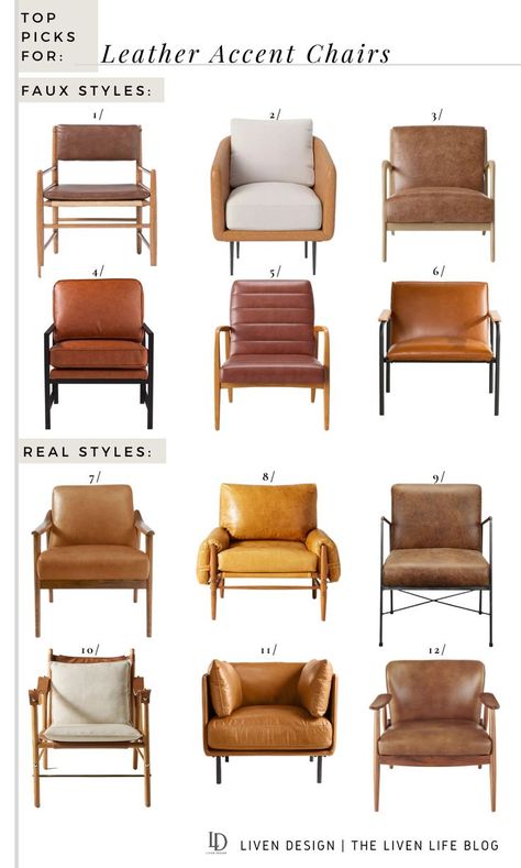 Best Leather Accent Chairs | A true authentic leather armchair can be an investment, but you can equally find faux leather options that can still provide you the look of a classic leather chair affordably. The style of a leather chair has truly evolved over the years and you can find modern looks to work into your home. I'm sharing my top picks for both faux & real leather accent chairs. #leather #accent #chair #fauxleather #brown #wood #armchair #farmhouse #modern #traditional #orange #tan Leather Armchair Living Room, Small Leather Chairs, Leather Accent Chairs, Faux Leather Accent Chair, Tan Leather Chair, Leather Occasional Chair, Modern Leather Chair, Leather Chair Living Room, Black Accent Chair