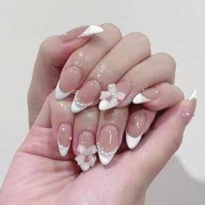 White French Tip Press on Nails Almond Medium Full Cover Nude Fake Nails with Charms Bow Acrylic Nails Stick on Nails Reusable Pearl Shine False Nails for Women Nail Designs Supplies 24 Pcs Amy Core, Press On Nails Almond, White French Tip, Pointed Nails, Video Tiktok, Almond Shape Nails, French Acrylic Nails, Dope Nail Designs, Nails For Women