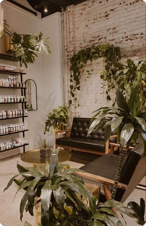 Simple Modern Salon Design, Greenery Spa Room, Salon Plants Decor, Nature Salon Design, Natural Salon Decor Interior Design, Salon Decor With Plants, Boho Chic Spa Decor, Holistic Salon Ideas, Esthetician Room Decor Green