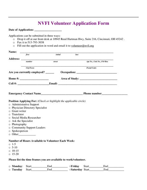 Volunteer Application Form Template - NVFI-Volunteer-Application-Form-Template-Free-Printable.pdf. Easy to download and use .pdf Technology template. Business Agenda, Volunteer Application, Technology Template, Create Invoice, Folder Templates, University Of British Columbia, Registration Form, Emergency Contact, Word Free