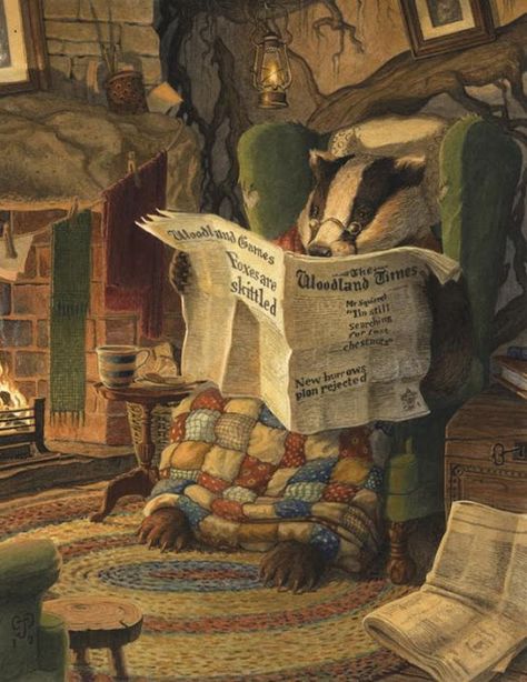 Settling-In - Chris Dunn: Badger, Wind in the Willows | Content in a Cottage Chris Dunn Illustration, Children Illustration Art, Wind In The Willows, Storybook Art, Fairytale Art, Art Et Illustration, Arte Fantasy, Woodland Creatures, Childrens Illustrations