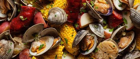 Recipe: Portuguese New England Clam Boil Clam Boil Recipe, Clam Boil, Portuguese Sausage, Steamed Clams, Steamed Potatoes, Boiled Food, Clam Bake, Cook Recipes, Clam Chowder